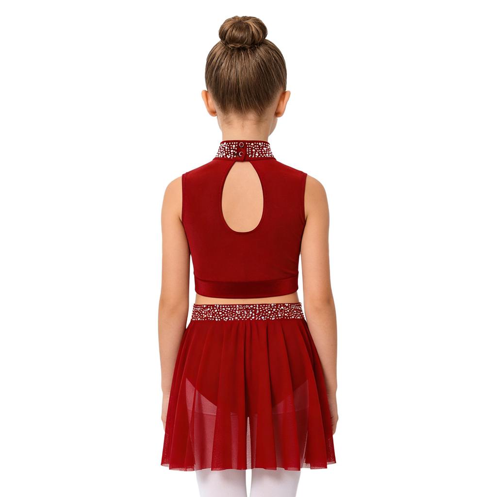 Children’s Sparkle Rhinestone Sleeveless Mock Neck Top Keyhole Back and Ruched Irregular Skirt for Dance Show Practice
