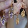 High-End Light Luxury Style Niche Gold Leaf Ear Buckles Women'S Purple Earrings Temperament Flash Diamond Earrings Ear Jewelry