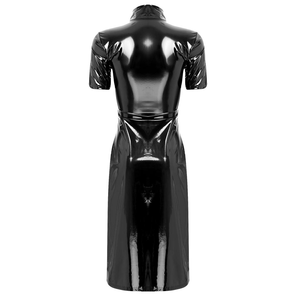 Женское кожаное платье с мокрым эффектом, воротником-стойкой, коротким рукавом, молнией спереди, разрезом, облегающее платье-пиджак, платье для диджеев, музыкальное шоу, диско-рейв, вечеринка, клубная одежда