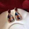 Geometric Color Patchwork Leopard Print Autumn and Winter Velvet Earrings with Drip Glaze, Long Earrings for Women
