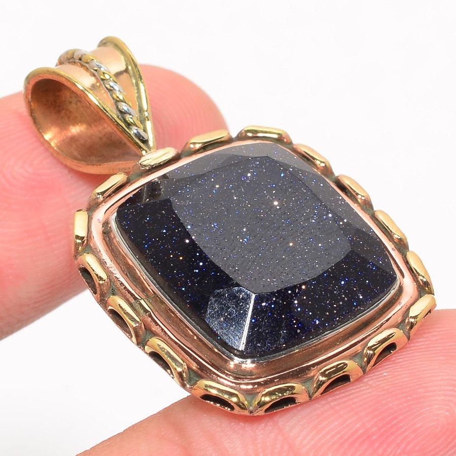 Натуральный синий солнечный камень двухцветный 925 пробы цельное стерлинговое серебро подарок кулон 1.50" c7m04