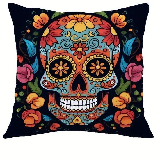 Spooky Halloween Pillow Covers 45x45cm - Colorful Sugar Skull Printed Cushion Cases, Pillow Cover for Sofa Living Room