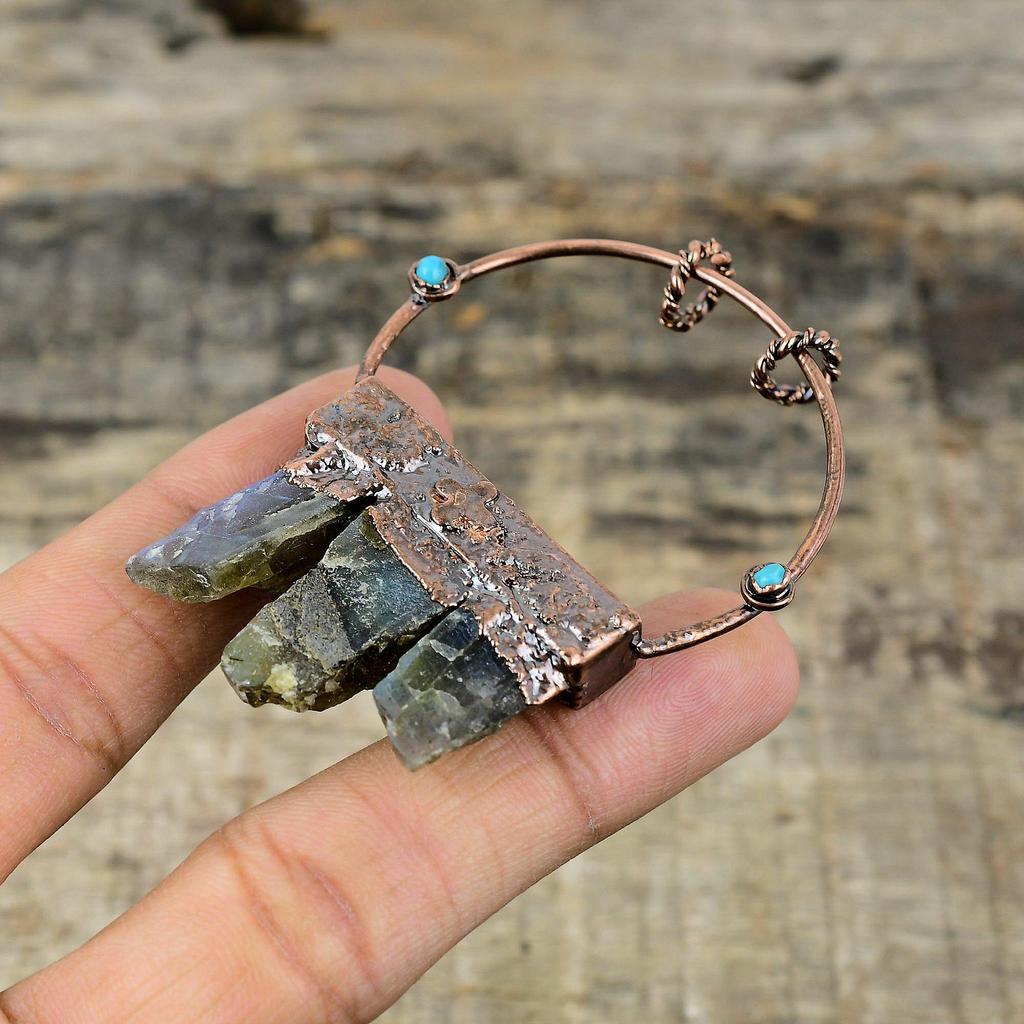 Кулон из необработанного драгоценного камня лабрадорит, гальванопластическая медная подвеска, бирюзовая подвеска «Спящая красавица», медные украшения ручной работы, подарки на помолвку