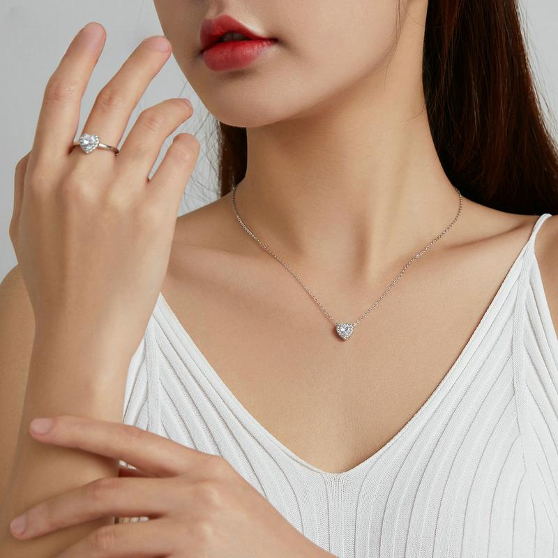 S925 Sterling Silver Bright Love Necklace Chain Dazzling Shiny Heart Shape Crystal Charm Wedding Engagement Jewelry