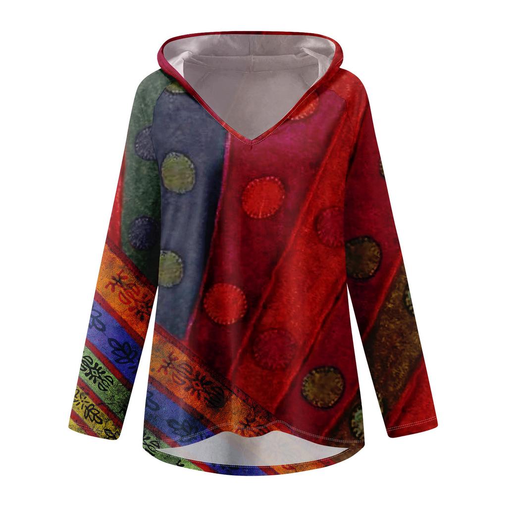 Women's V-neck Hooded Loose Long-sleeved Tops Casual Tops Home Leisure Pajamas Tops