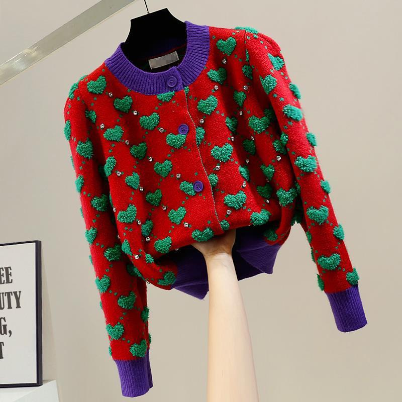 Сердце Клетчатый О-образный вырез Винтаж High Street Вязаные женские кардиганы свитер Корейская мода однобортный короткий кардиган для женщин