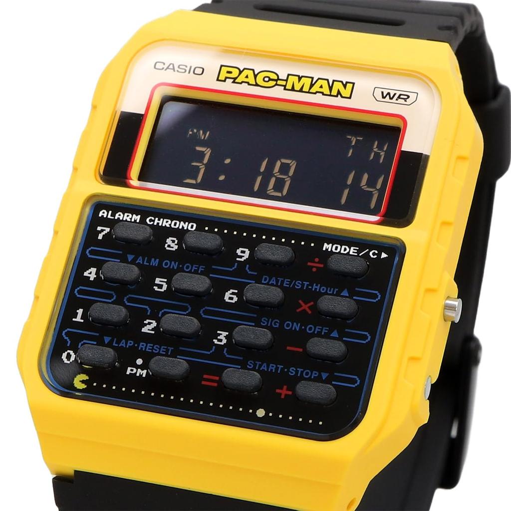 Casio Digital Watch with Collaboration Model Biomass Resin Yellow X Overseas Model 8-Digit Calculator, PAC-MAN CA-53WPC-1B, Band, Unisex, Black,