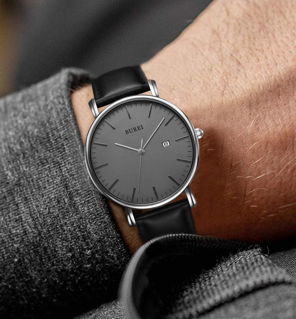Leather Brand Simple Waterproof Analog Business Arm Watch Popular Date Quartz Silver Gray Stylish Thin Watch [BUREI] Men's Men's