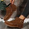 Winter Retro Tassel Womens Boots Side Zipper Rivets Flat Shoes Comfort Round Toe Non-slip Ankle Boots for Women Size 43