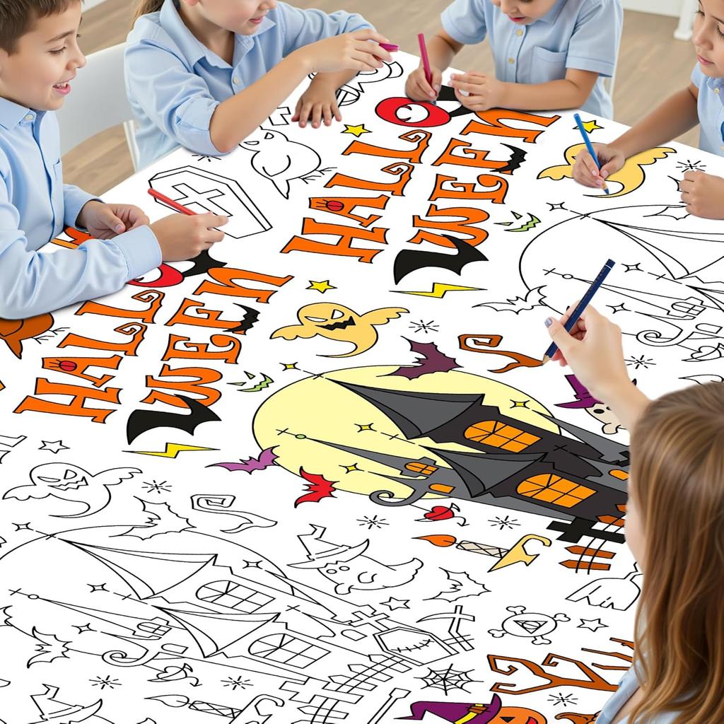 Labeol 1 Pack Halloween Tablecloth, 108"x 54" Halloween Coloring Tablecloth for Kids, Pumpkin Ghost Bat Castle Coloring Table Cover for Winter Party