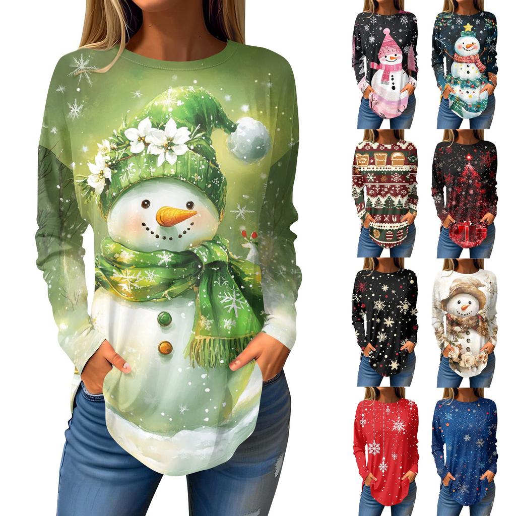 Tee Shirts For Women Fall Casual Long Sleeve Shirts Sweatshirt Vintage Graphic Printing Top Pullover Christmas