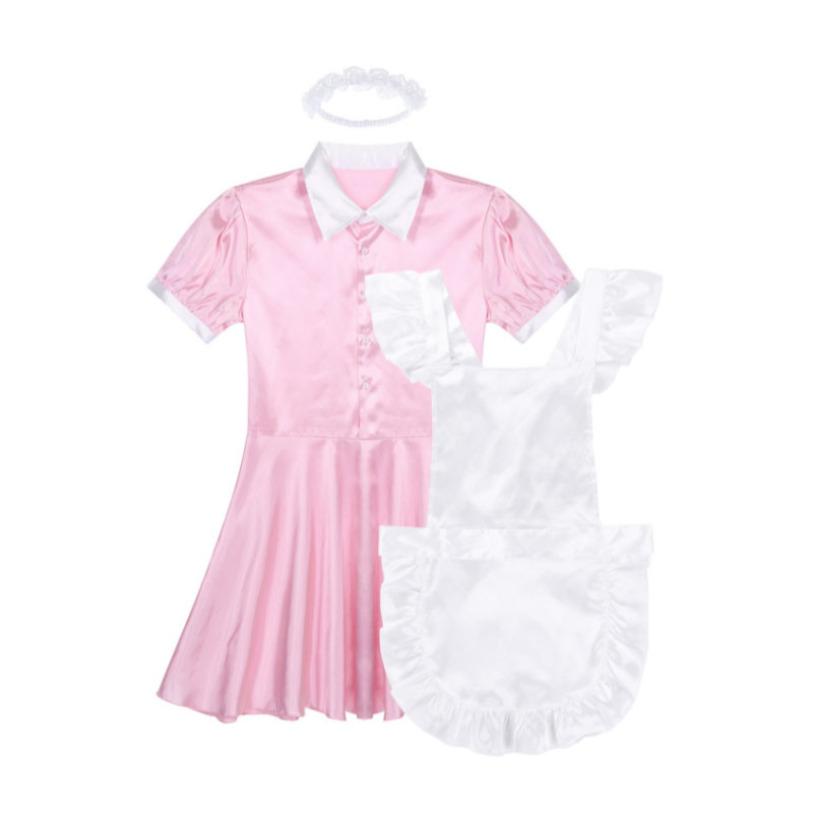 Men Sissy Maid Cosplay Outfit Puff Sleeve Front Button Down Dress with Apron and Headband
