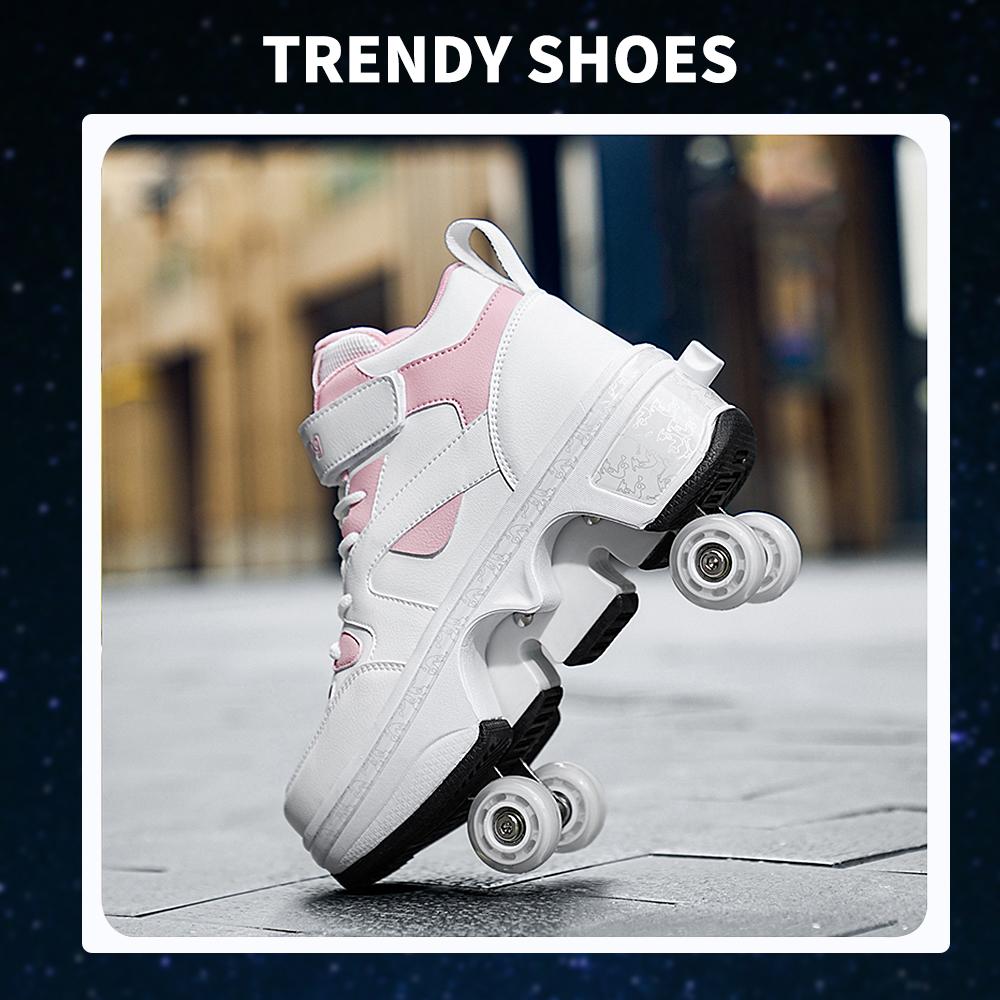 Fashionable Unisex Automatic Pop-up Sneakers With Wheels Dual-purpose Skating Casual Shoes Women's High Top 4 Wheel Roller Shoes