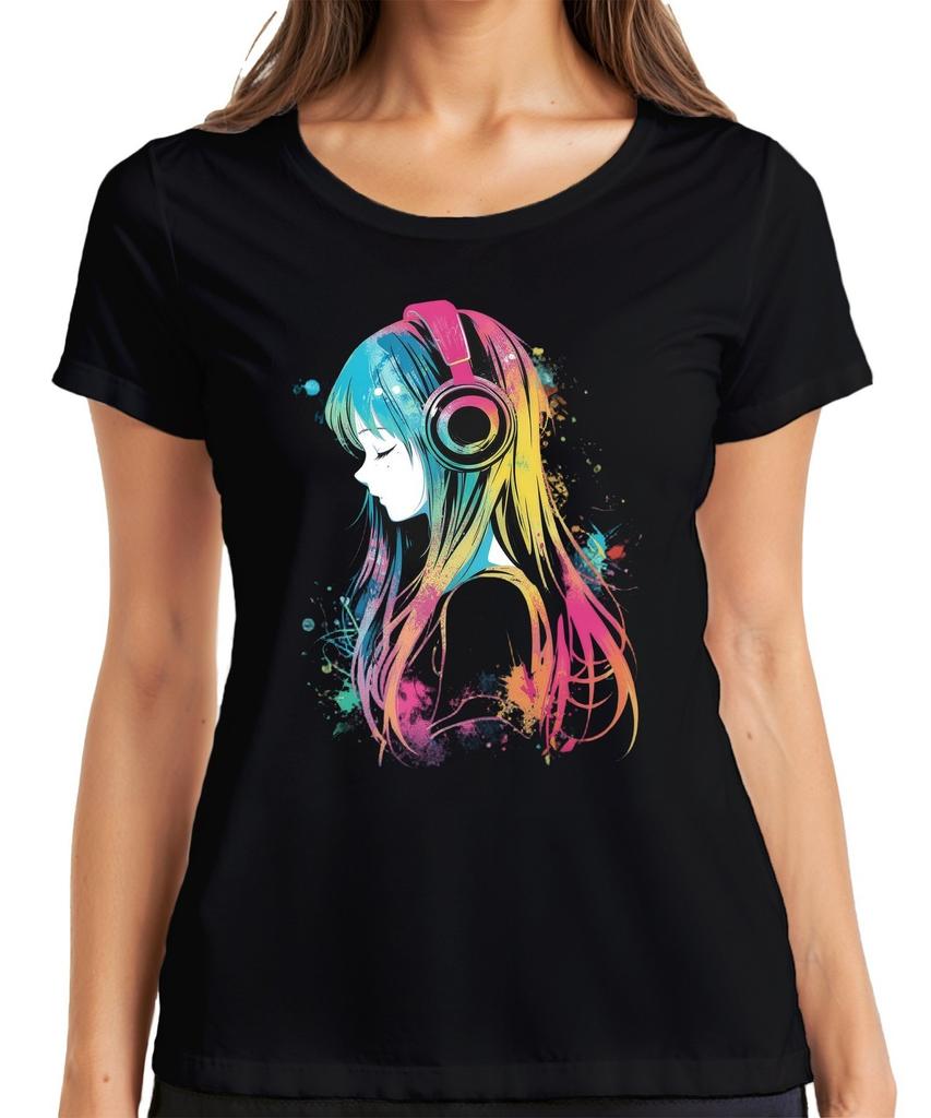 Anime Girls Headphones Music Colorful Watercolor Manga Otaku Gaming Women T-Shirt
