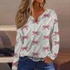 Women's Fashion Casual V-Neck Button-Up Long-Sleeve T-Shirt With Christmas Print Top