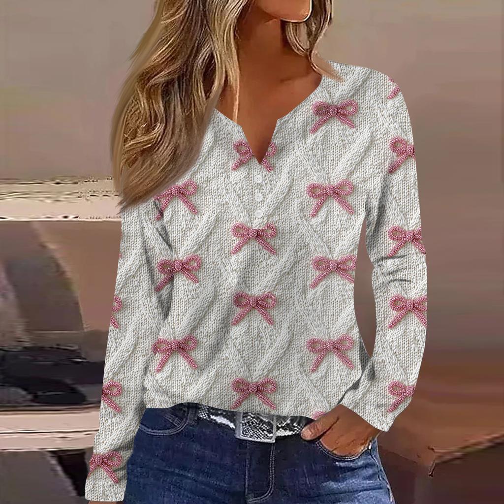 Women's Fashion Casual V-Neck Button-Up Long-Sleeve T-Shirt With Christmas Print Top