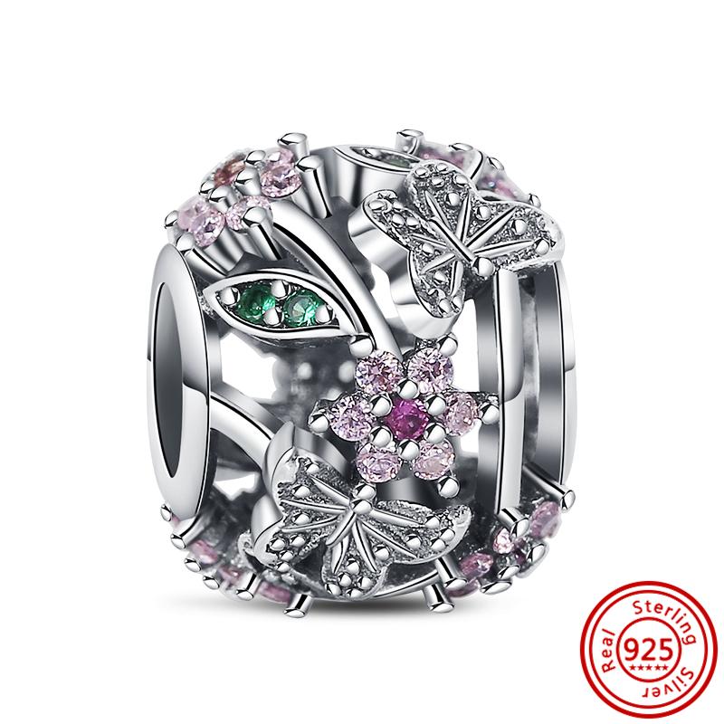 925 медь Пчела Гусеница Бабочка Стрекоза Божья коровка Четырехлистный клевер Шармы-талисманы Подходят для браслета Pantaro Изысканный циркон Подарок