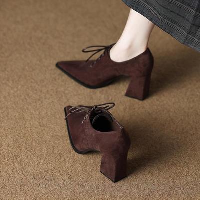 Модные Krazing Pot Замшевые Туфли Комфорт Весенние Туфли Массивный Каблук Оксфорды Острый Носок Шнуровка Женские Туфли-Лодочки с Глубоким Вырезом Британский Школьный Стиль