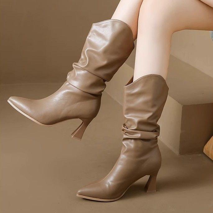 Полусапоги женские на среднем каблуке из кожи New Rock с острым носком, туфли до середины голени женские коричневые распродажа тренд 2024 года качественная обувь