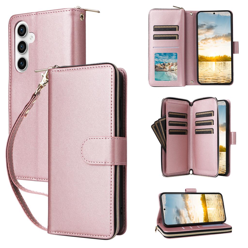 For Samsung Galaxy S25 FE Case 9 Card Slots Zipper Pocket PU Leather Phone Cover with Wrist Strap