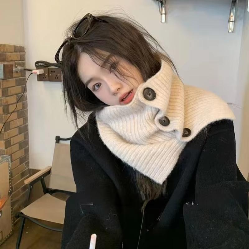 Women Knitted Wool Scarf Solid Color Button High Neck Shawl Korean Style Windproof Warm