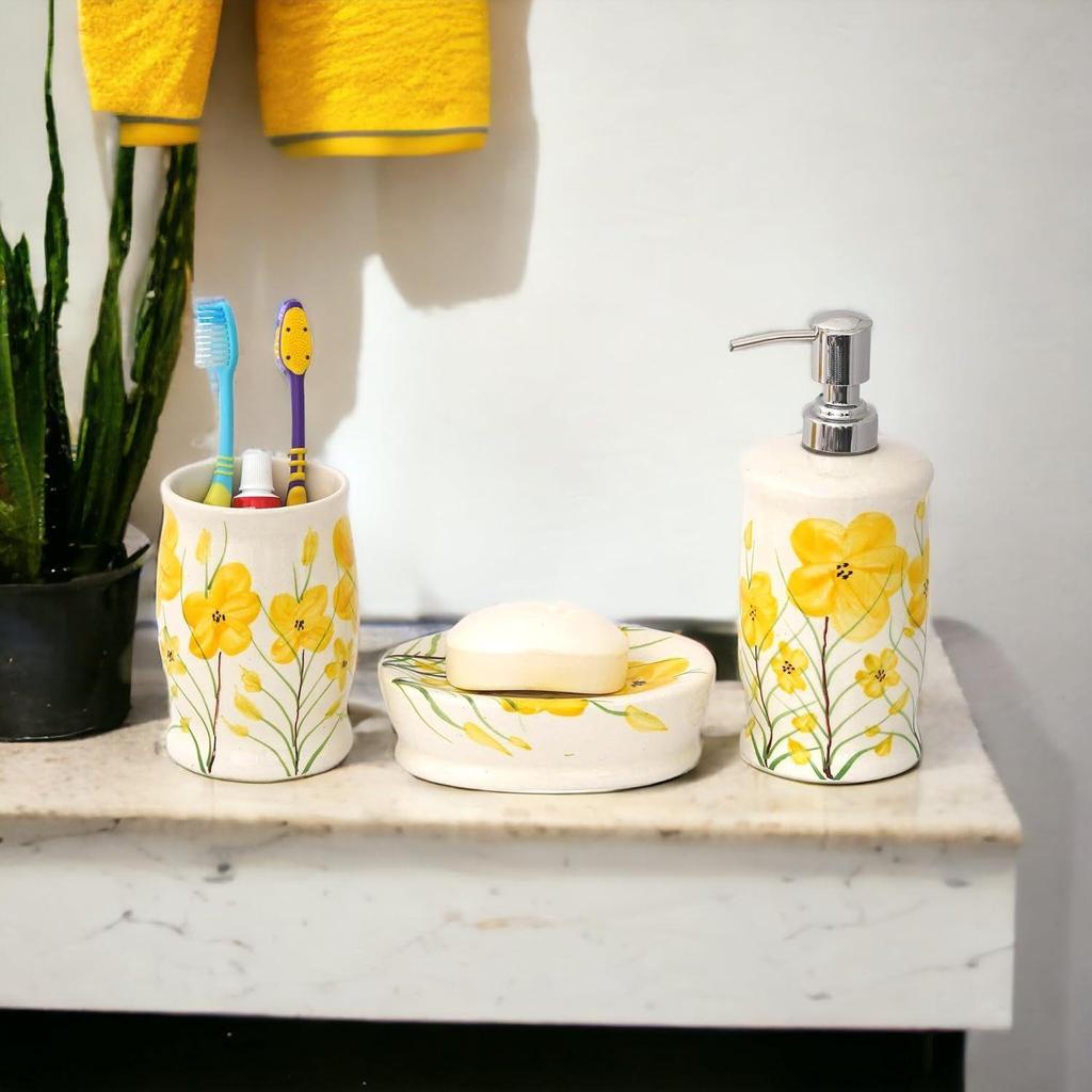 Премиальный керамический набор аксессуаров для ванной из 3 предметов | Современный набор для ванной ручной росписи с дозатором для мыла 300 мл, подставкой для зубных щеток и мыльницей |