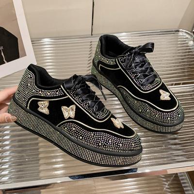 Bow Crystal Luxury Women Flats Sneakers Platform Casual Sport Shoes Autumn 2024 Trend Fashion New Lace Up Running Zapatos Mujer