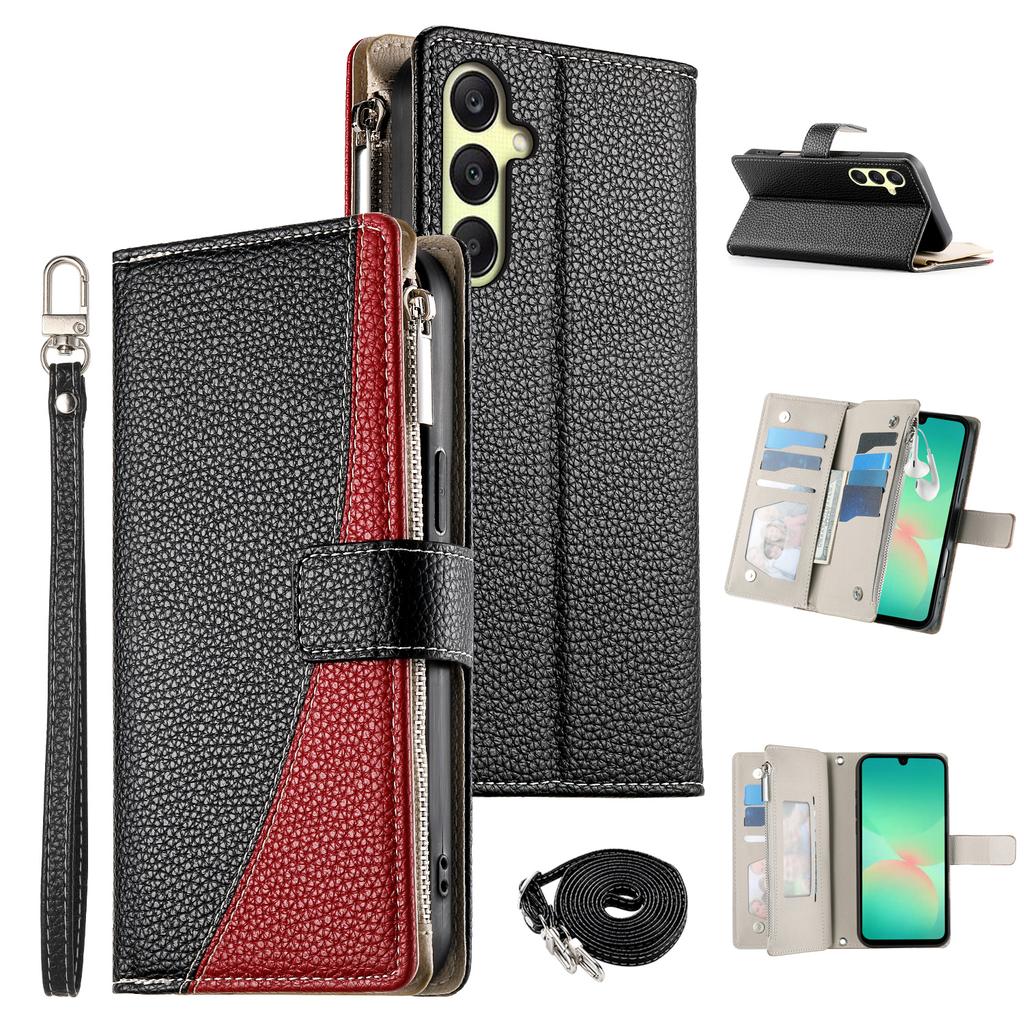For Samsung Galaxy A26 5G Case Zipper Wallet Color Splicing Leather Flip Phone Cover with Straps