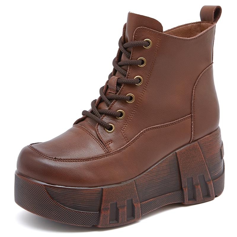 GKTINOO Retro Women Platform Boots Autumn Round Toe Genuine Leather Wedge Heel Ankle Boots Women Handmade Casual Shoes