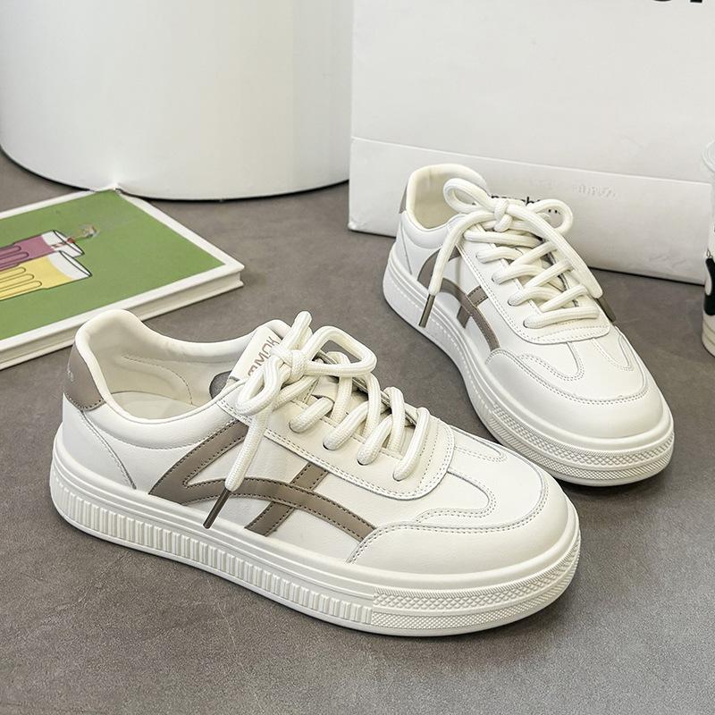 Women's White Shoes New Fashion Sports and Leisure Lace-up Flat All-Match Thick Bottom Color Matching Comfortable Board Shoes