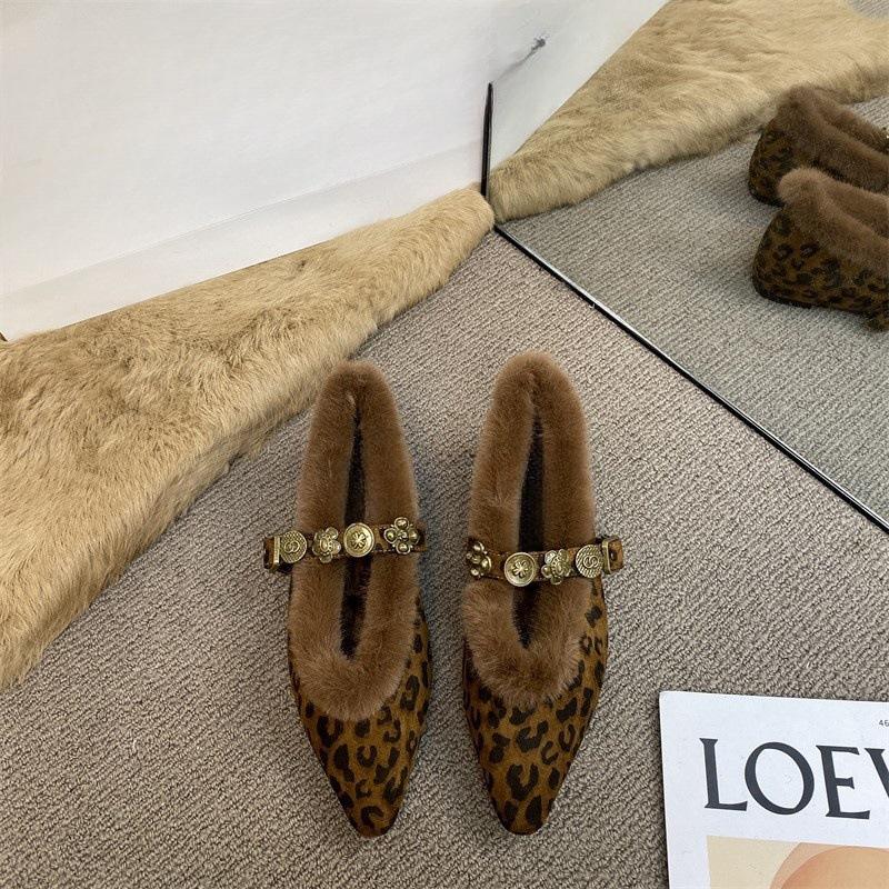 Туфли Мэри Джейн из кожи с металлической пряжкой, пушистые туфли, французские остроносые ретро-бархатные женские теплые туфли из хлопка