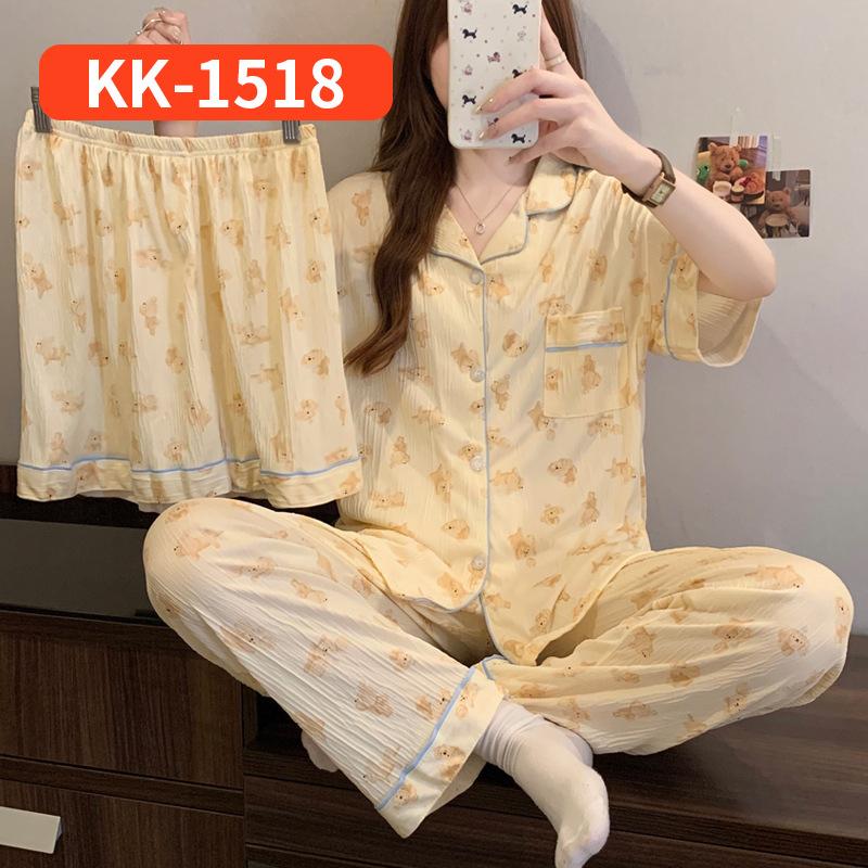 Sweet love full print casual wrinkled pajamas women's spring summer short-sleeved three-piece loungewear real shot