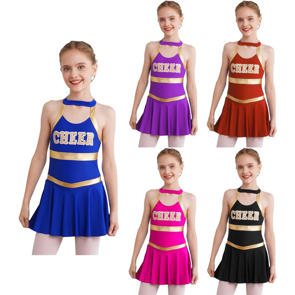Girls Sleeveless Round Collar Letter Print Crisscross Straps Hollow Back Cheerleading Dance Dress