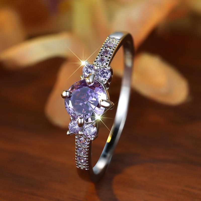 Cute Purple Cubic Zirconia Ring Wedding Accessories 925 Sterling Silver Promise Ring Women's Anniversary Gift Charm Jewelry
