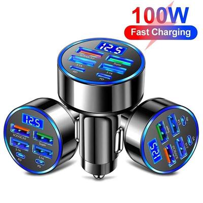Автомобильное зарядное устройство с 6 портами USB 4 USB + 2 PD Быстрая зарядка PD QC3.0 Автомобильное зарядное устройство USB C для телефона Адаптер типа C для iPhone Samsung Huawei с дисплеем напряжения