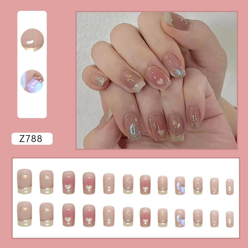 Sweet Blush Burst Flash Milk Yellow Love French Glass Broken Diamond Manicure Pieces Fake Nail Finished 24 Pieces
