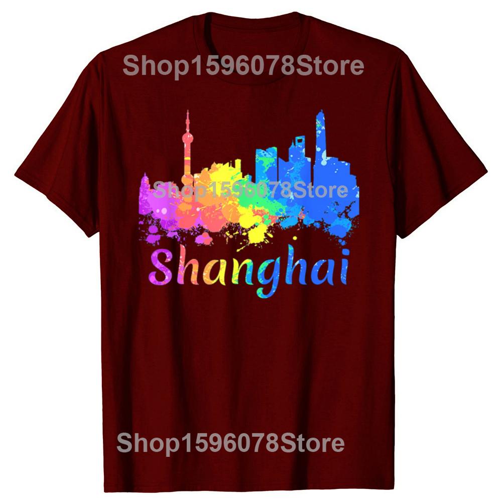 Смешные Сувениры Акварель Панорама Шанхая Китай Футболки Мужские Юмор Уличная Одежда Футболка Короткий Рукав Унисекс Свободная Одежда