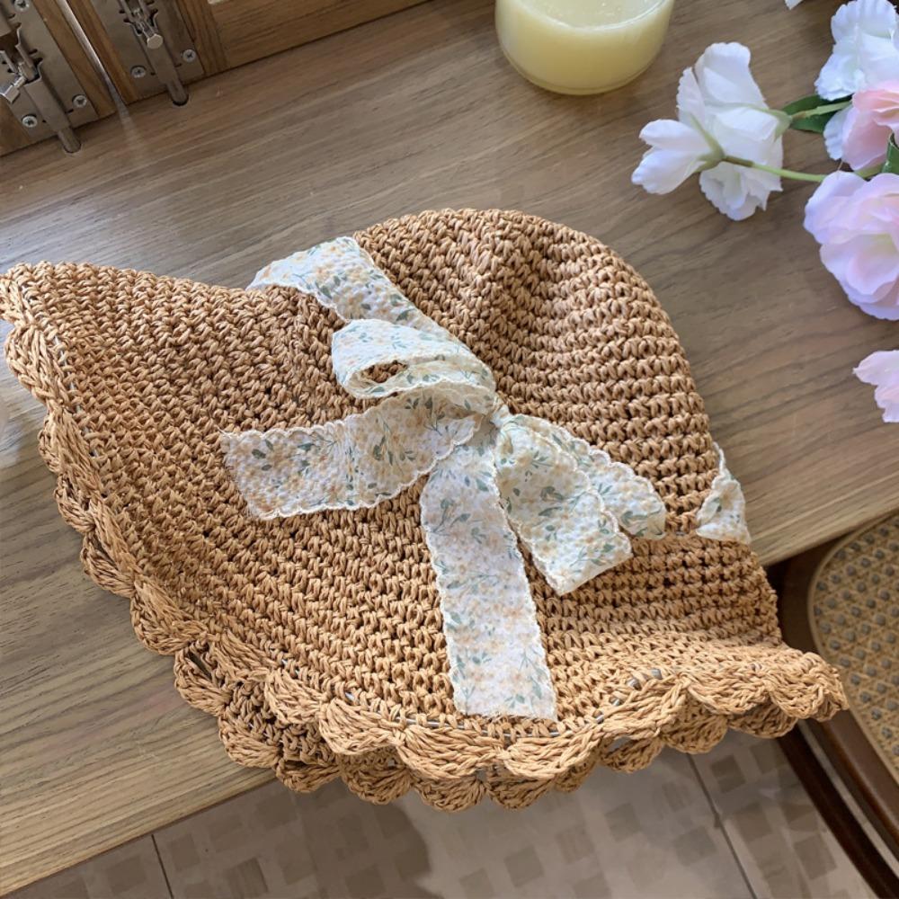French Style Lace Straw Hat Spring Summer Women's Sun Hat Elegant Bow Ribbon Straw Hat  Outdoor
