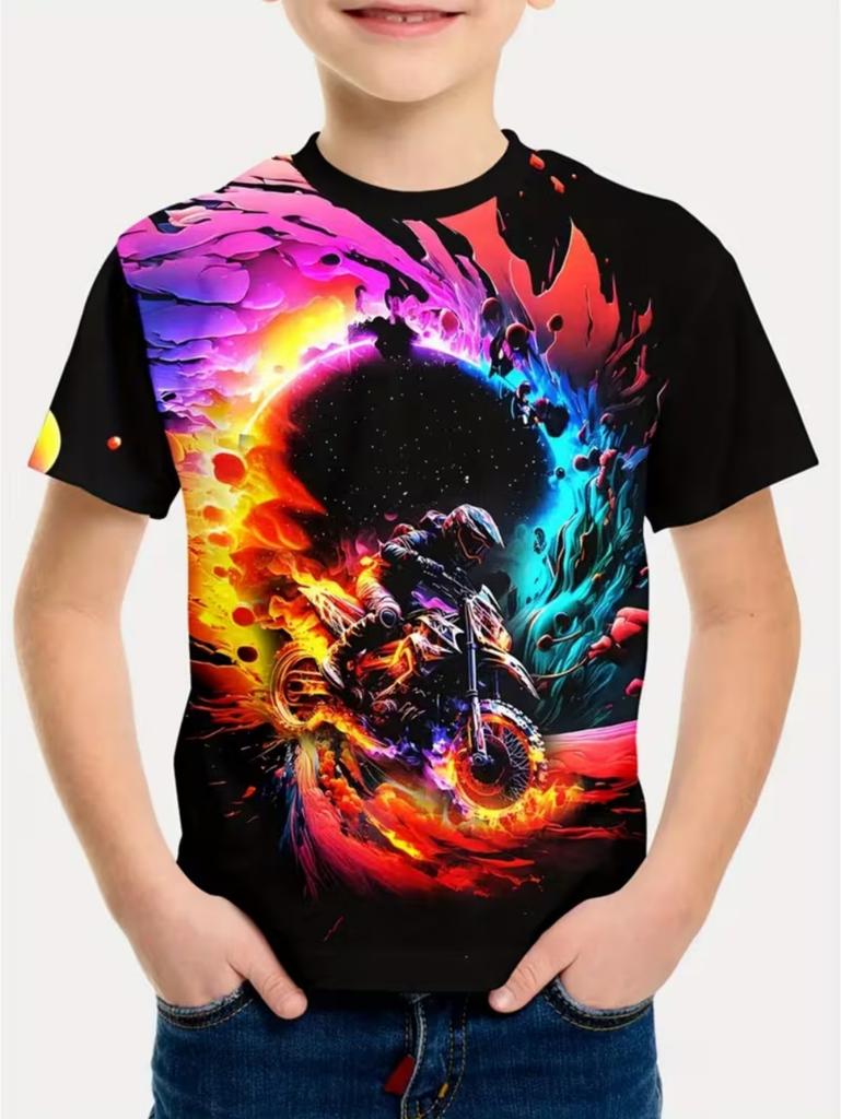 Motorcycle rider 3D printed T-shirt for boys, suitable for boys, short-sleeved top, fashionable street style children's clothing for summer.