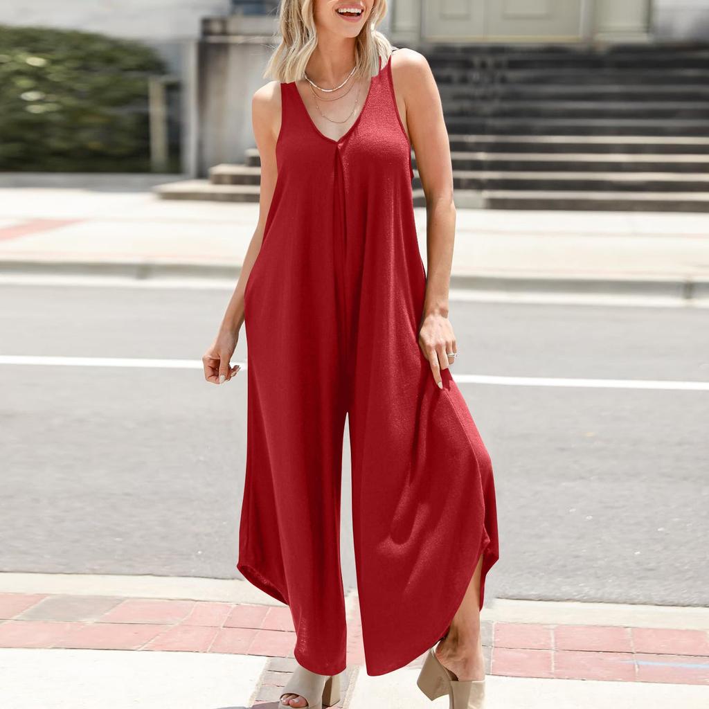 Womens Overall Jumpsuits Summer Sleeveless Ruched V Neck Flared Wide Leg Pants Rompers With Pockets