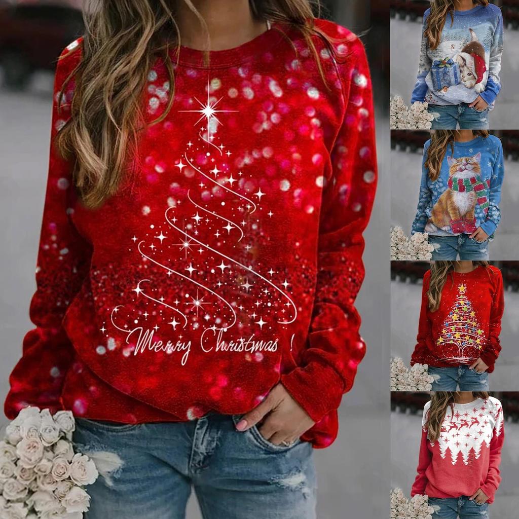 Women's Casual Fashion Christmas Print Long Sleeve O-Neck Pullover Top