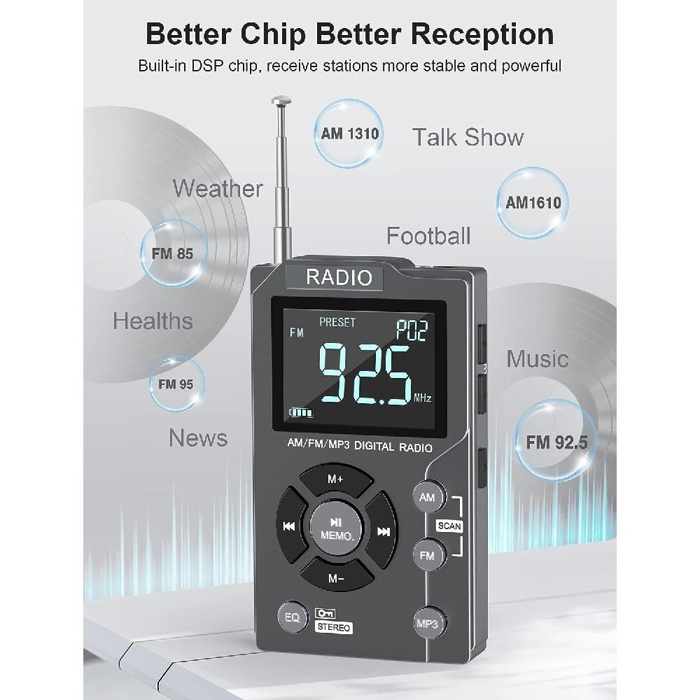 Цифровое AM FM-радио Портативное карманное радио, перезаряжаемый Walkman-радио на 600 мАч со стереонаушниками, поддержка TF-карты, большой ЖК-экран и экран блокировки