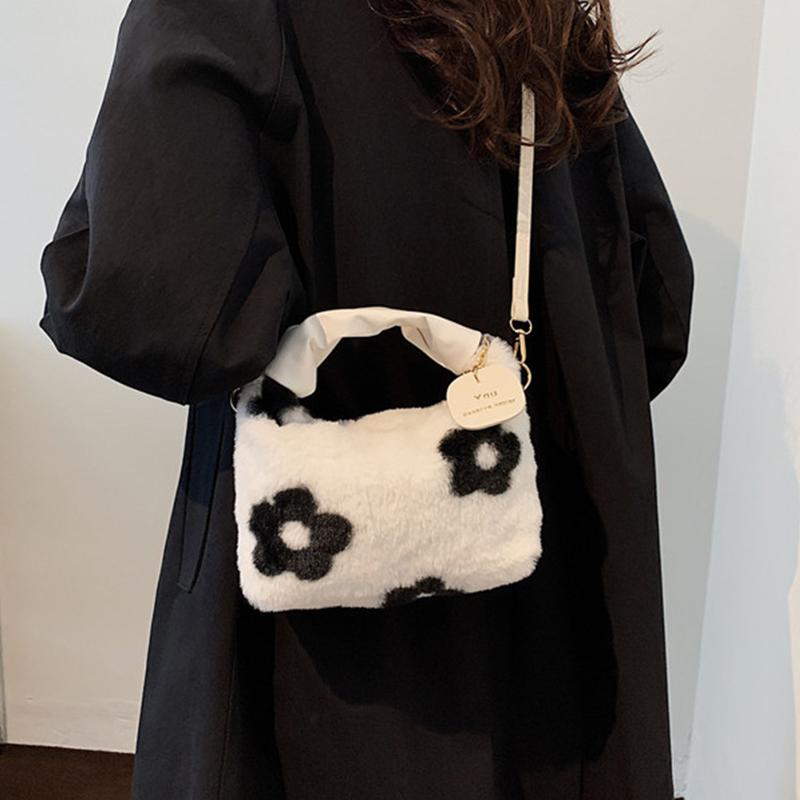 Yogodlns Women Faux Fur Plush Handbags Ruched Handle Small Lady Shoulder Crossbody Bag Casual Half-Moon Hobos Winter Bags for Women