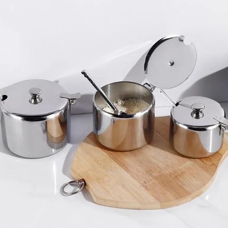 Practical Stainless Steel Sugar Bowl With Handle Lid Spoon Dustproof Waterproof Seasoning Jar Kitchen Restaurant Spice Container