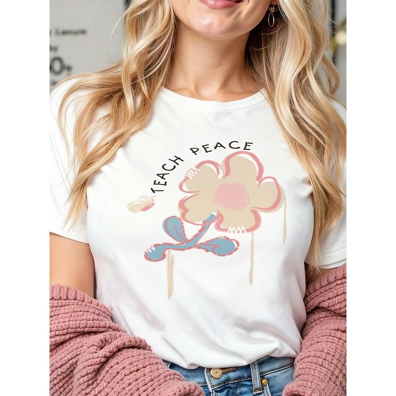 Европейский размер Ручная роспись Минималистичный Пастельные цвета Абстрактный цветок Белый фон Причудливый Простой дизайн Для женщин Летний С коротким рукавом