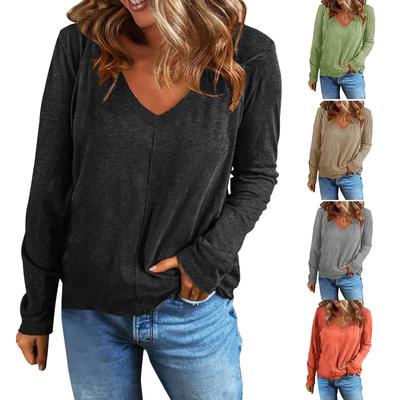 Женская свободная и повседневная однотонная футболка с v-образным вырезом на весну и осень, удобная