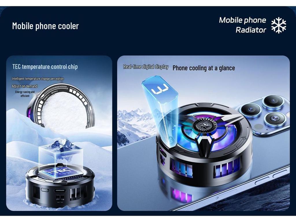 Магнитный кулер для мобильного телефона с бесшумным двухъядерным полупроводником для киберспорта и игрового стриминга. Включает конструкцию без льда и VGA-кабель.