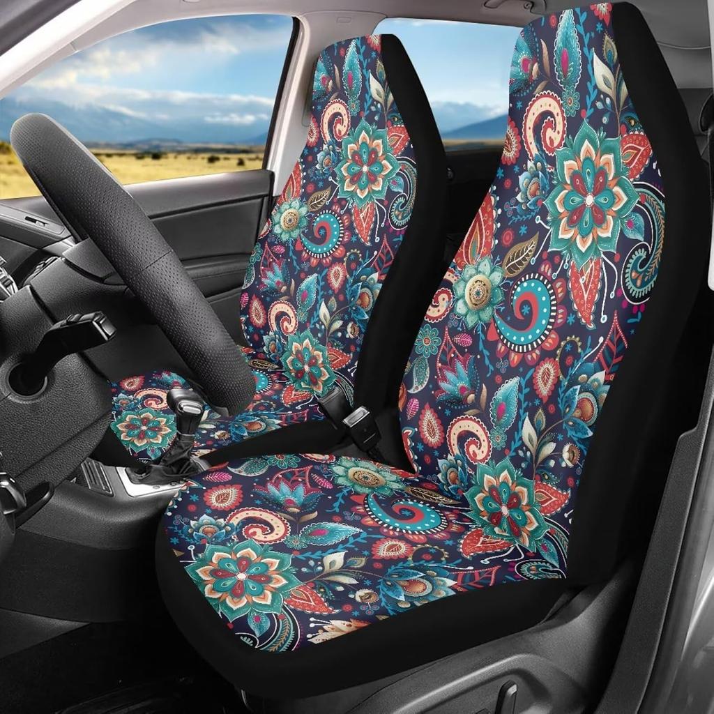 Чехлы на сиденья автомобиля Bulopur Black Boho Цветочные, Только для передних сидений, для женщин и мужчин, с карманом-органайзером, для автомобилей, внедорожников, грузовиков, седанов