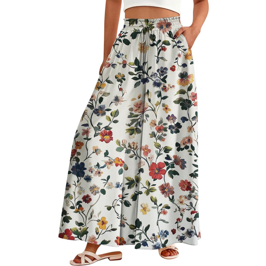 Women's Palazzo Pants Boho Floral Wide Leg Trousers Summer Beach High Waisted Flowy Pants With Pockets