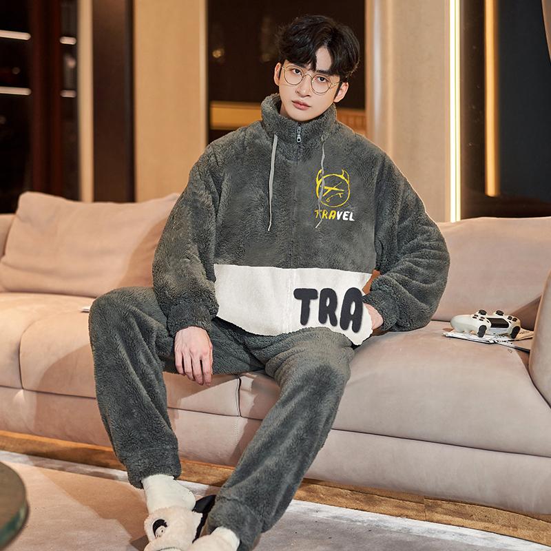 Антистатический коралловый флис мужской зимний пижамный комплект утепленная фланель теплая пижама большого размера на молнии мягкая мужская пижама домашняя одежда